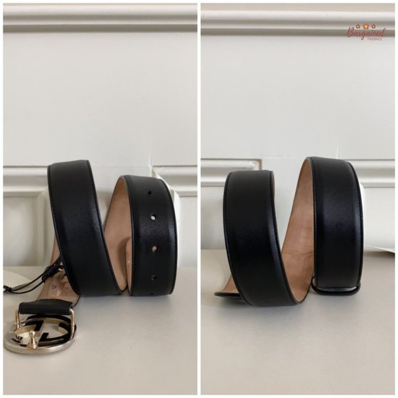 Authentic Gucci Black Calfskin Leather Silver Interlocking G Buckle Belt 75/30 main image 8